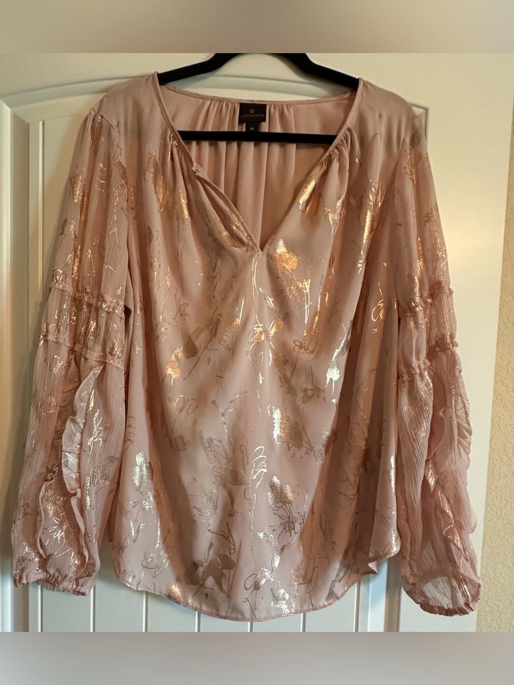 Worthington Rose Gold Metallic Floral Long-Sleeve Blouse